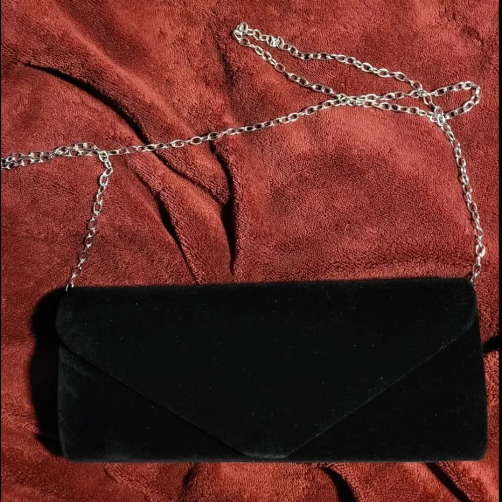 Velvet Evening Clutch Purse, Elegant Handbag for Wedding Party - Black